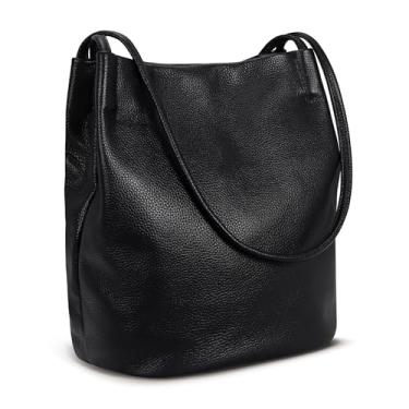 Imagem de Iswee Bolsas tipo balde de couro genuíno Hobo, bolsas de ombro e bolsas para mulheres, Preto - lichia, Medium size