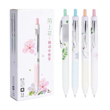 Imagem de Joucien Caneta neutra prensada de flores de 0,5 mm com ponta de bala para escrita suave - Quatro cores - 12 peças/caixa