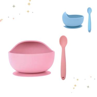 Imagem de Kit Bowl Com Ventosa e Colher Para Introdução Alimentar Para Bebe De Silicone Moderno e Luxuoso (Rosa)