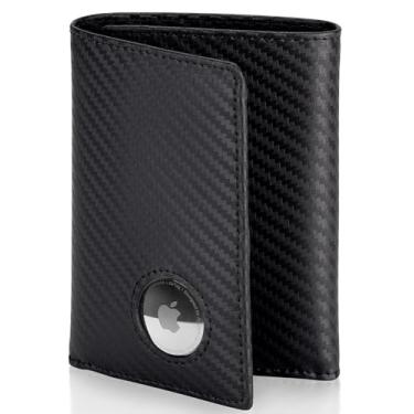 Imagem de Stealth Mode Carteira masculina com bloqueio de RFID com suporte para Airtag – dobra tripla com 9 compartimentos para cartão de crédito, janela para identidade, compatível com Apple Air Tag, couro Napa, grande capacidade, Fibra de carbono, Carteira masculina de couro com três dobras RFID