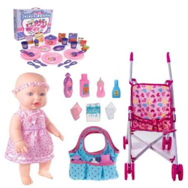 Imagem de Kit Boneca Faz Xixi de Verdade + Carrinho Bolsinha e Jantar - Milk Bri