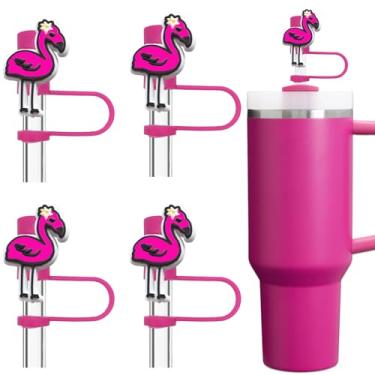 Imagem de Amreich Linda capa de canudo de flamingo compatível com copo neon Stanley, 4 peças de cobertura de palha de animal rosa para 30 copos de 1,134 g com alça tampa de silicone à prova de poeira capa de