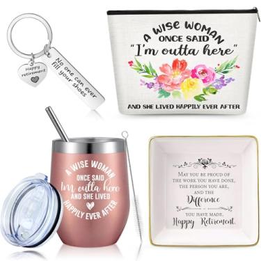 Imagem de 4 peças de presente de aposentadoria para mulheres 2021, conjunto divertido de presente de aposentadoria para amigos aposentados, professores, enfermeiros, mãe, avó, colegas de trabalho - porta-joias de cerâmica, bandeja inspiradora