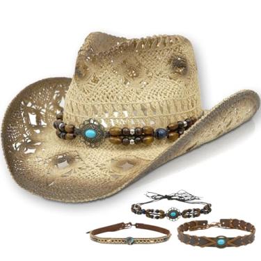 Imagem de GONITYOU Chapéus de cowboy de palha para mulheres e homens, chapéu de vaqueira de aba larga boho com faixas decorativas chapéus para roupas ocidentais, Marrom claro - 2, tamanho �nico