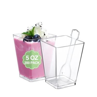 Imagem de SHOPDAY Copos de sobremesa de plástico de 140 gramas: pacote com 200 xícaras quadradas transparentes com colheres, cápsulas de aperitivo para aperitivos, copos pequenos de plástico, mini copos para