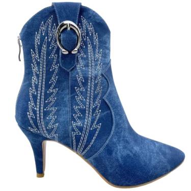 Imagem de Frankie Hsu Botas femininas bordadas ocidentais caubói cano alto costura azul jeans amêndoa salto médio gatinho moda retrô prata fivela em forma de U clássico largo tornozelo grande bota pull-on