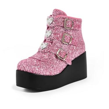 Imagem de LUCKY STEP Botas femininas de cano curto com plataforma – bico redondo com zíper anabela salto alto fivela sola grossa botas góticas, Glitter rosa/preto, 7