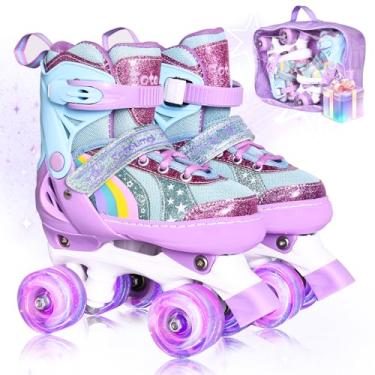 Imagem de Fotoumgl Patins para crianças, meninas, meninos, 4 tamanhos, ajustáveis, arco-íris, patins com 8 rodas totalmente iluminadas, seguros e divertidos para crianças iniciantes, esportes internos ao ar