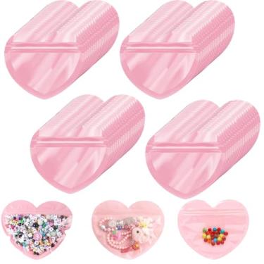 Imagem de Ylapagne 100 peças de sacos de joias em forma de coração Macaron Clear Love Jewelry Bag Ziplock Brincos pequenos bugigangas embalagem de presente amor saco selado doce saco ziplock (rosa)