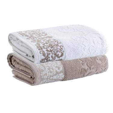 Imagem de Altihaus Kit Jogo Toalhas Banho, 2 Peças, Algodão, 450g/m² - Altihaus, Medalhão, Corttex, Jacquard, Alta Absorção (Branco/Bege)