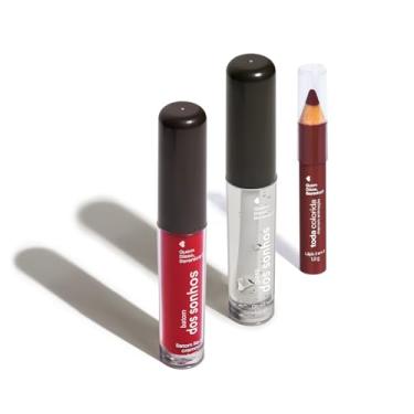 Imagem de Combo Cherry Lips: Lápis Multifuncional Marrom 1,2g + Batom Líquido Vermelho 4ml + Gloss Labial Transparente 4ml