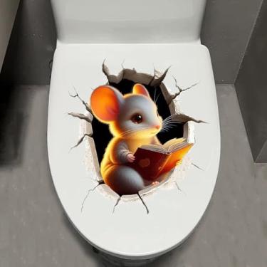 Imagem de 1 adesivo de banheiro animal 3D - autoadesivo impermeável removível cachorro gato banheiro e porta adesivo de parede, criativo engraçado vaso sanitário, acessórios de banheiro (mouse branco)