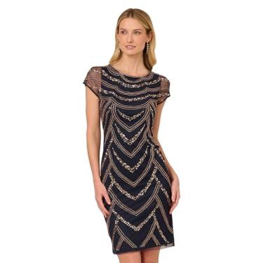 Imagem de Adrianna Papell Vestido de coquetel feminino com contas, Azul marinho/ouro rosa, 40
