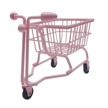Imagem de FytStycale Mini carrinho de compras mini armazenamento cesto de mesa organizador crianças empurrar acessórios de brinquedos de carrinho, Rosa
