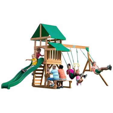 Imagem de Playground Infantil de Madeira com Mesa de Pequinique, Escorregador, 2 Balanços e Barra de Acrobacia, Backyard Discovery, Verde