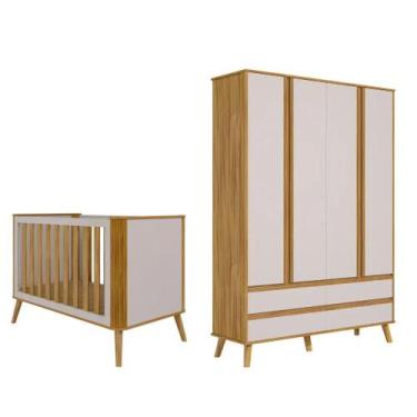 Imagem de Quarto Bebe Moveis Peroba Theo Berço e Guarda Roupa MDF, Amêndoa Off W