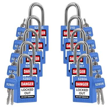 Imagem de TRADESAFE Conjunto de trava com etiqueta de bloqueio, pacote com 10 cadeados de segurança com chave diferente, 2 chaves por fechadura, azul, fechaduras de segurança em conformidade com a segurança para fechar, marca de segurança industrial e empresa