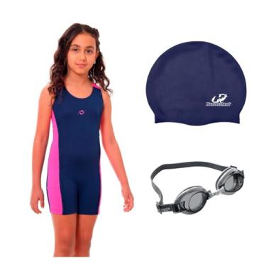 Imagem de Kit Maiô Macaquinho Natação Infantil Touca Silicone Grande + Óculos Uv (Marinho/Pink - Touca Azul Marinho, 16)