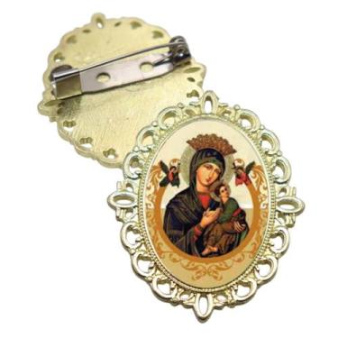Imagem de Broche Dourado Nossa Senhora do Perpetuo Socorro Terno Noivo lapela Qu