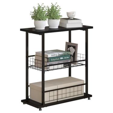 Imagem de PROXRACER Mesa lateral, mesa de canto de 3 andares, mesa de cabeceira estreita, mesa de cabeceira pequena com prateleira de armazenamento para sala de estar, estudo, quarto, marrom rústico