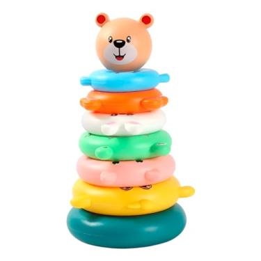 Imagem de Torre de Empilhar Infantil, Argolas Coloridas com Ursinho, Brinquedo Educativo para Bebês