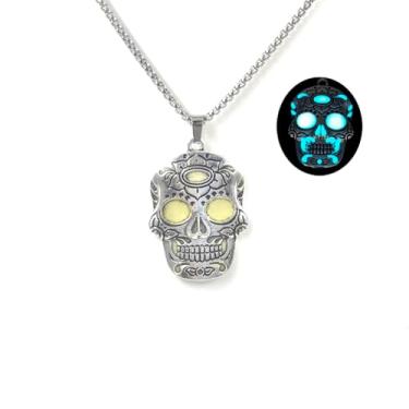 Imagem de LittleFathand Colar com pingente de caveira luminosa de cabeça de osso que brilha no escuro esqueleto gargantilha para mulheres e homens, joias de presente de Halloween, Zinco, Sem Pedra Preciosa