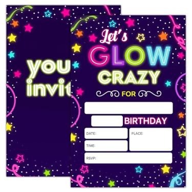 Imagem de JJOINUS 20 Convites de aniversário com envelope, convites de festa com tema neon retrô para meninos e meninas, cartões de convite Let's Crazy Glow, decorações de artigos de festa de aniversário 10 x