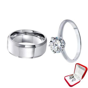 Imagem de Aliança Reta Prata 8mm Namoro + Anel Solitário 2mm Pedra Branca Namora