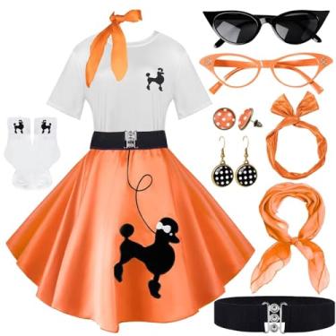 Imagem de 10 peças de roupas femininas, saias poodle dos anos 1950, camiseta poodle com acessórios dos anos 50, meias, cachecol, faixa de cabeça, brinco de cinto, Laranja, Large