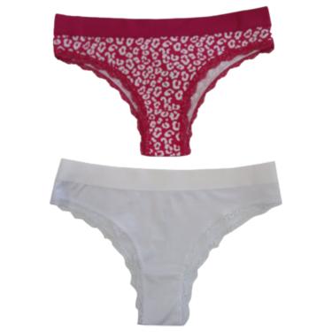 Imagem de Kit 2 Calcinhas Renda Estampa Onça Cereja e Lisa Branco GG - Basic+