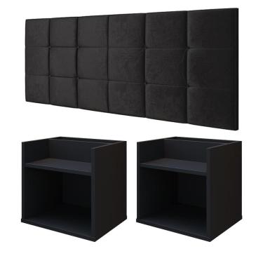 Imagem de Kit 2 Mesas Suspensa Madri Nicho Aparador Lateral Cabeceira Bia 1,60 Painel Cama Box Queen Size Suede Quarto - Preto