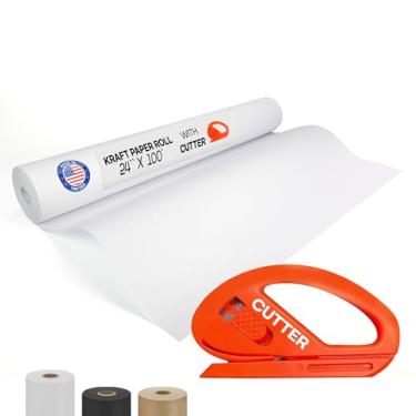 Imagem de IDL Packaging Rolo de papel kraft branco 61 x 3048 cm (30 m) com cortador - Papel de embrulho feito nos EUA para embalagem, mudança, envio e artesanato/artes - Material de artesanato natural 100%