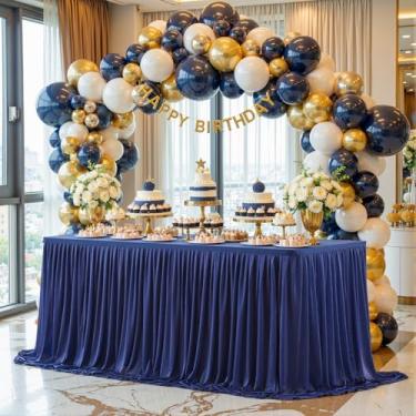 Imagem de Besutolife Toalha de mesa de tule azul escuro para mesas retangulares de 1,8 m, 3 lados para festa de casamento, aniversário, chá de panela, branco, tutu com babados, toalha de mesa para banquete