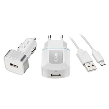 Imagem de Kit Carregador 2 em 1 para Celular - Veicular e parede - USB - 1 metro - Elgin 46RCK1USB00M
