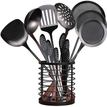 Imagem de MARTE Conjunto de utensílios de cozinha, 11 peças de aço inoxidável 304 conjunto de espátula de utensílios de cozinha com suporte, espátula wok virador concha escumadeira conjunto de ferramentas,