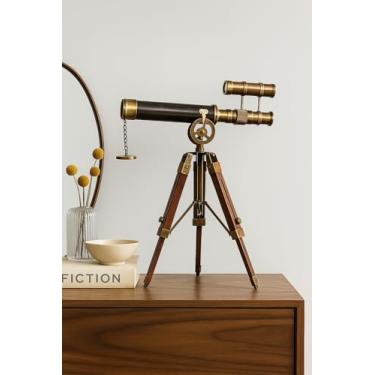 Imagem de Telescópio vitoriano de latão 1915 – espião náutico antigo de 35,5 cm com tripé de madeira | Decoração marítima vintage e colecionável