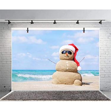 Imagem de Leyiyi Fundo fotográfico de 3 x 2,1 m Feliz Natal, Papai Noel, boné, boneco de neve, litoral, areia, praia, sol, havaiano, luau, feliz ano novo, fotos, retrato, vinil, adereço de estúdio