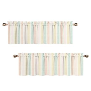 Imagem de Uiiooazy Sanefas listradas para janelas, aquarela pêssego coral listras verdes sanefa de cozinha para quarto, sala de estar, banheiro, geométrico, janela pequena, tratamentos 2 painéis 132 x 45 cm