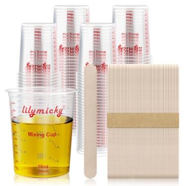 Imagem de Copos de mistura de plástico de 473 ml, pacote com 100 copos medidores descartáveis de 500 ml com 100 bastões de mistura de madeira, podem ser usados para resina epóxi, medição de líquidos, tinta