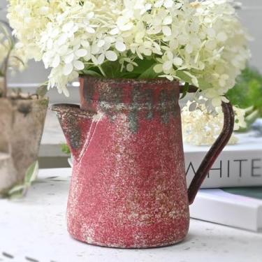Imagem de Z² BellaDecor Vaso vintage rústico de fazenda para flores, jarro de leite de metal vintage, pequeno jarro decorativo gasto, decoração chique para casa, cozinha, banheiro, vermelho