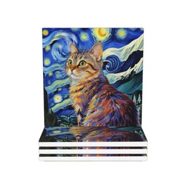 Imagem de Van Gogh Porta-copos de gato com fundo de madeira para bebidas, conjunto de 4, porta-copos quadrados de cerâmica de diatomita absorvente de 10 cm com base de cortiça, proteção de mesa, adequado para