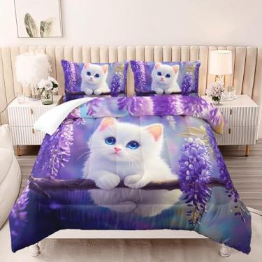 Imagem de AILONEN Conjunto de edredom fofo de gato branco 3D para todas as estações, tamanho Queen Kawaii, animal gatinho, perfeito para amantes de gatos, conjunto de edredom floral de videira roxa, 3 peças, 1