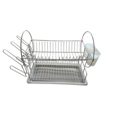 Imagem de DimyFew Escorredor de pratos multifuncional com porta-copos, 2 níveis, organizador com suporte para utensílios para apartamento e casa, Branco
