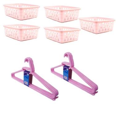 Imagem de Kit 5 Cestos Organizador Pequeno 16x12x6+10Cabides Rosa - Trioplast