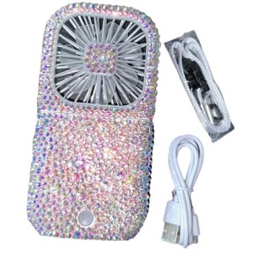 Imagem de Mini portátil de strass misturado personalizado, recarregável, portátil, usb, operado por bateria, carregador portátil de 3000 mA, ventilador pessoal dobrável para meninas acampando e viajando para