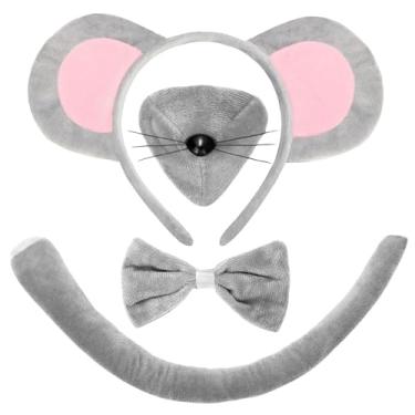Imagem de INPLUSTOP Conjunto de fantasia de rato para crianças, orelhas de rato, cauda, nariz e gravata borboleta, orelhas de animal, faixa de cabeça para Halloween, Natal, cosplay, conjunto de acessórios