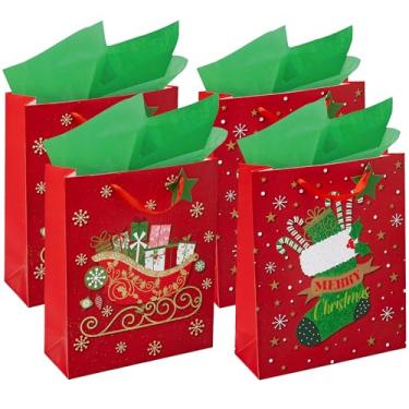Imagem de Sacos de presente de Natal – Médio 33 x 25 x 10 cm (pacote com 4) – Sacos de presente de papel resistente com papel de seda, etiqueta e alça – Design de trenó e meia – Perfeito para presentes de Natal