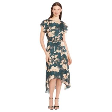 Imagem de Maggy London Vestidos femininos de casamento com manga esvoaçante floral bainha alta e baixa, azul-petróleo/dourado, 40