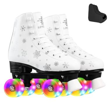 Imagem de LEVYTEMP Patins para mulheres, homens, rodas iluminadas, patins de duas fileiras de couro PU de cano alto, designs clássicos, sapatos de skate de neve branco para meninas iniciantes com uma bolsa de