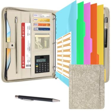 Imagem de Eshow Organizador de portfólio – fichário de 3 anéis com zíper, pasta de couro vegano com bloco de notas, inclui 5 protetores de folhas coloridas para arquivos de documentos para homens e mulheres